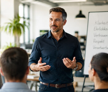 Ehrlichkeit in der Führung: Führungskraft im Gespräch mit einem Team über Ehrlichkeit, Vertrauen und Verantwortung. KI-generiertes Bild.