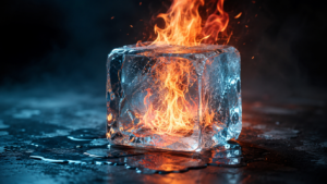 Wut als Führungskompetenz – Feuer in einem Eisblock als Symbol für Wut, innere Ruhe und Emotionsregulation in der Führung. KI-generiertes Bild.