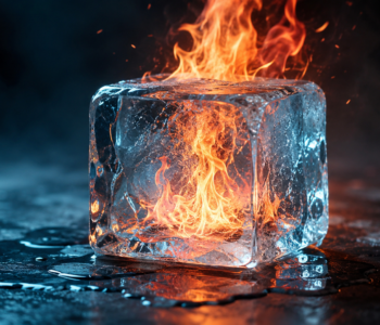 Wut als Führungskompetenz – Feuer in einem Eisblock als Symbol für Wut, innere Ruhe und Emotionsregulation in der Führung. KI-generiertes Bild.