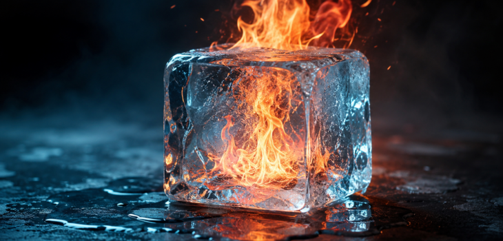 Wut als Führungskompetenz – Feuer in einem Eisblock als Symbol für Wut, innere Ruhe und Emotionsregulation in der Führung. KI-generiertes Bild.